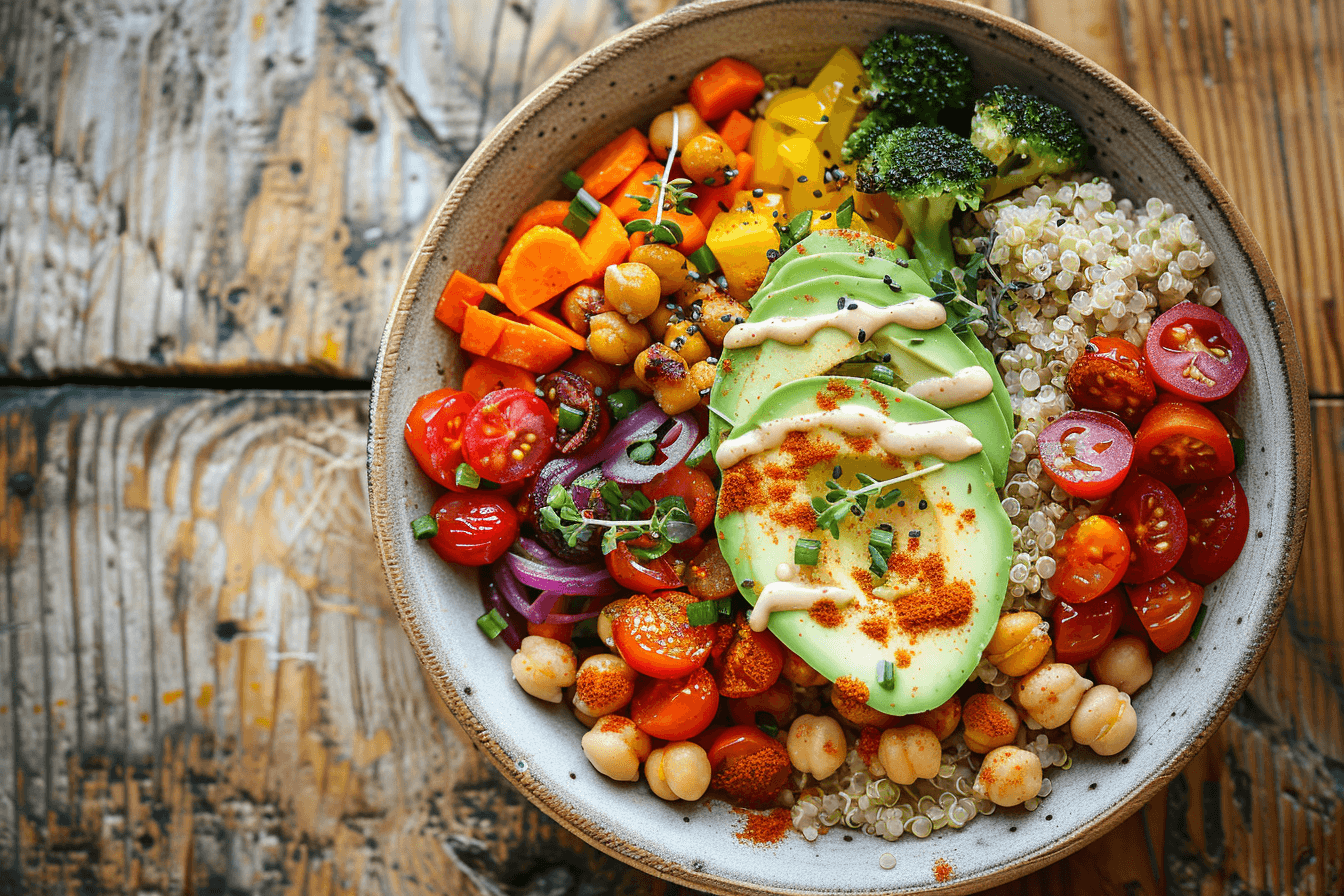 Quinoa-Bowl mit Ofengemüse – fertig angerichtet