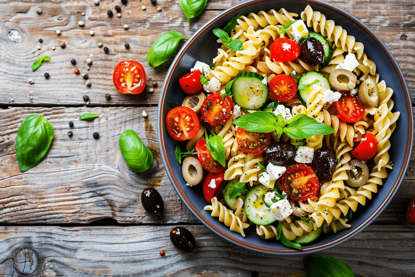 Mediterraner Nudelsalat – fertig angerichtet