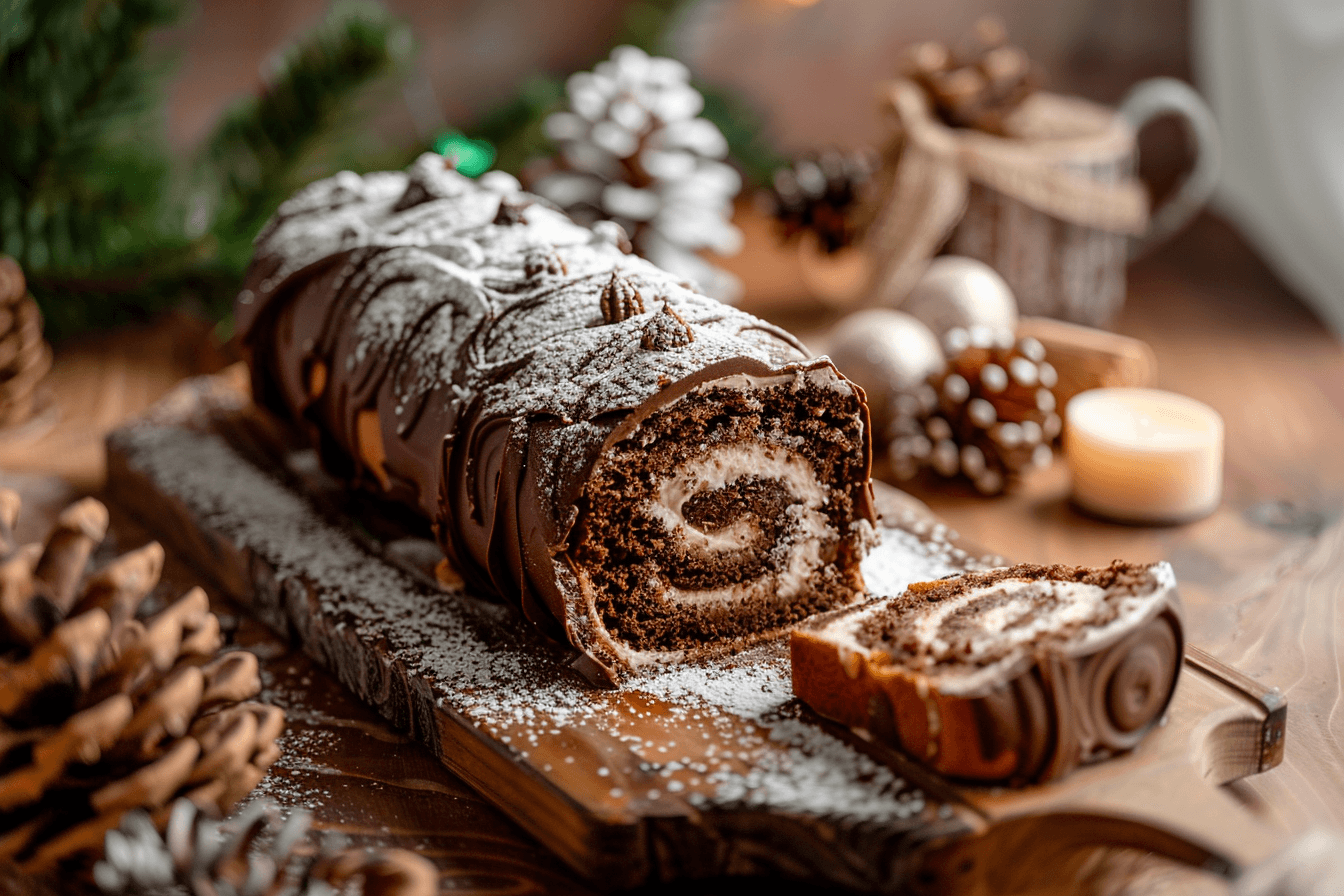 Bûche de Noël (Weihnachtsroulade) – fertig angerichtet