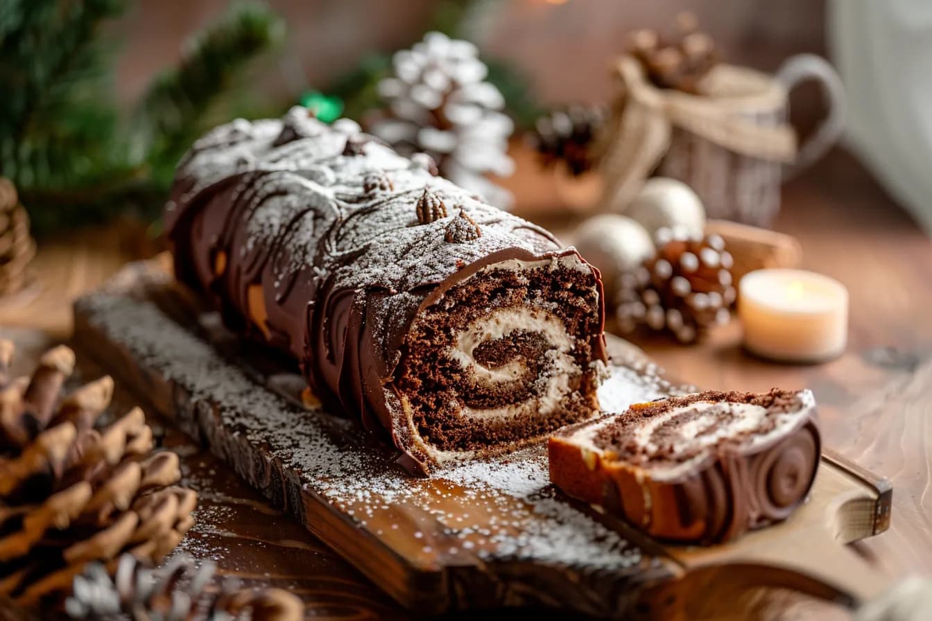 Bûche de Noël (Weihnachtsroulade) – fertig angerichtet