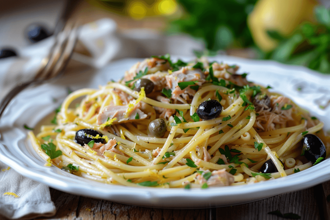 Vorratskammer-Thunfischpasta – fertig angerichtet