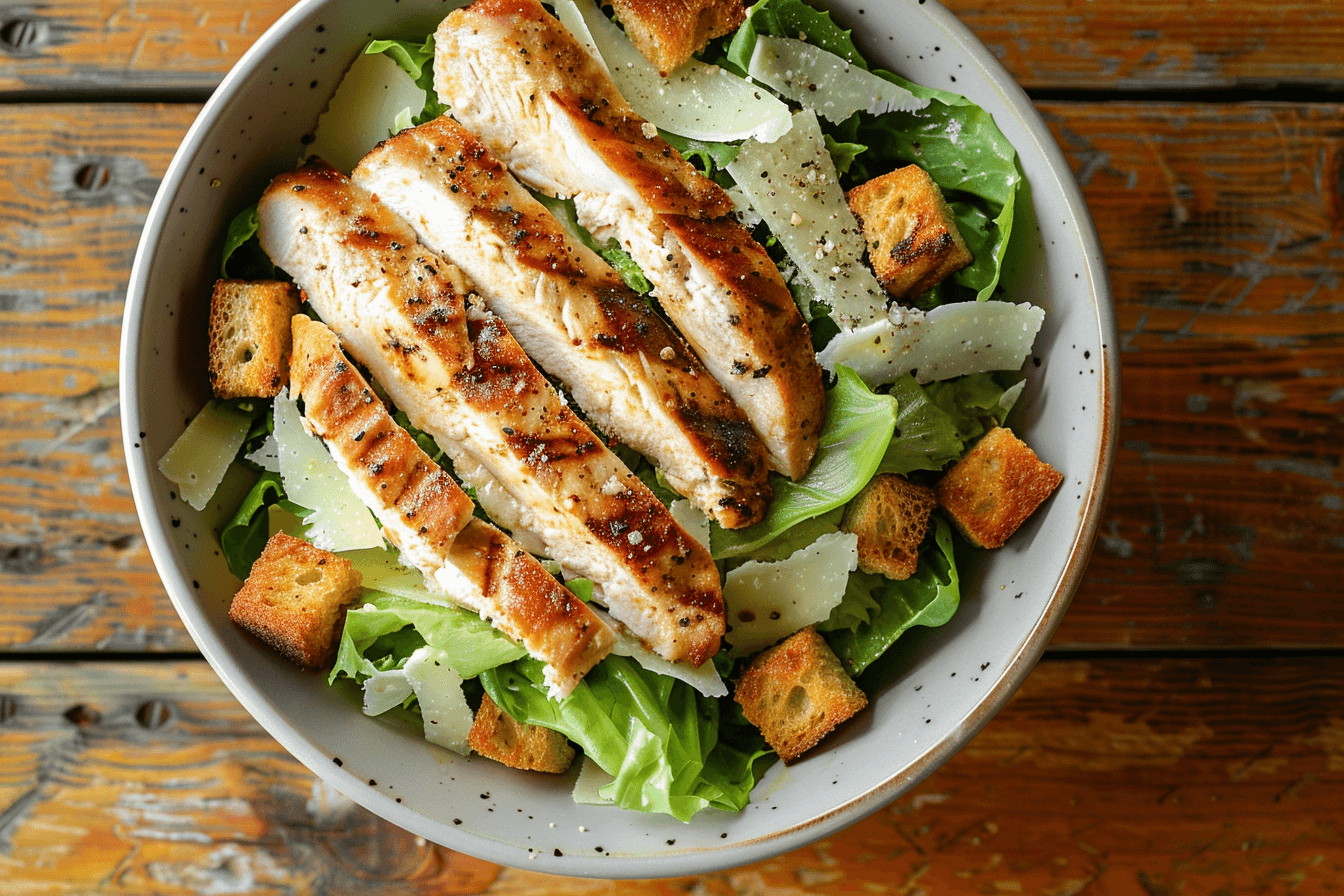 Caesar Salad mit knusprigem Hähnchen – fertig angerichtet