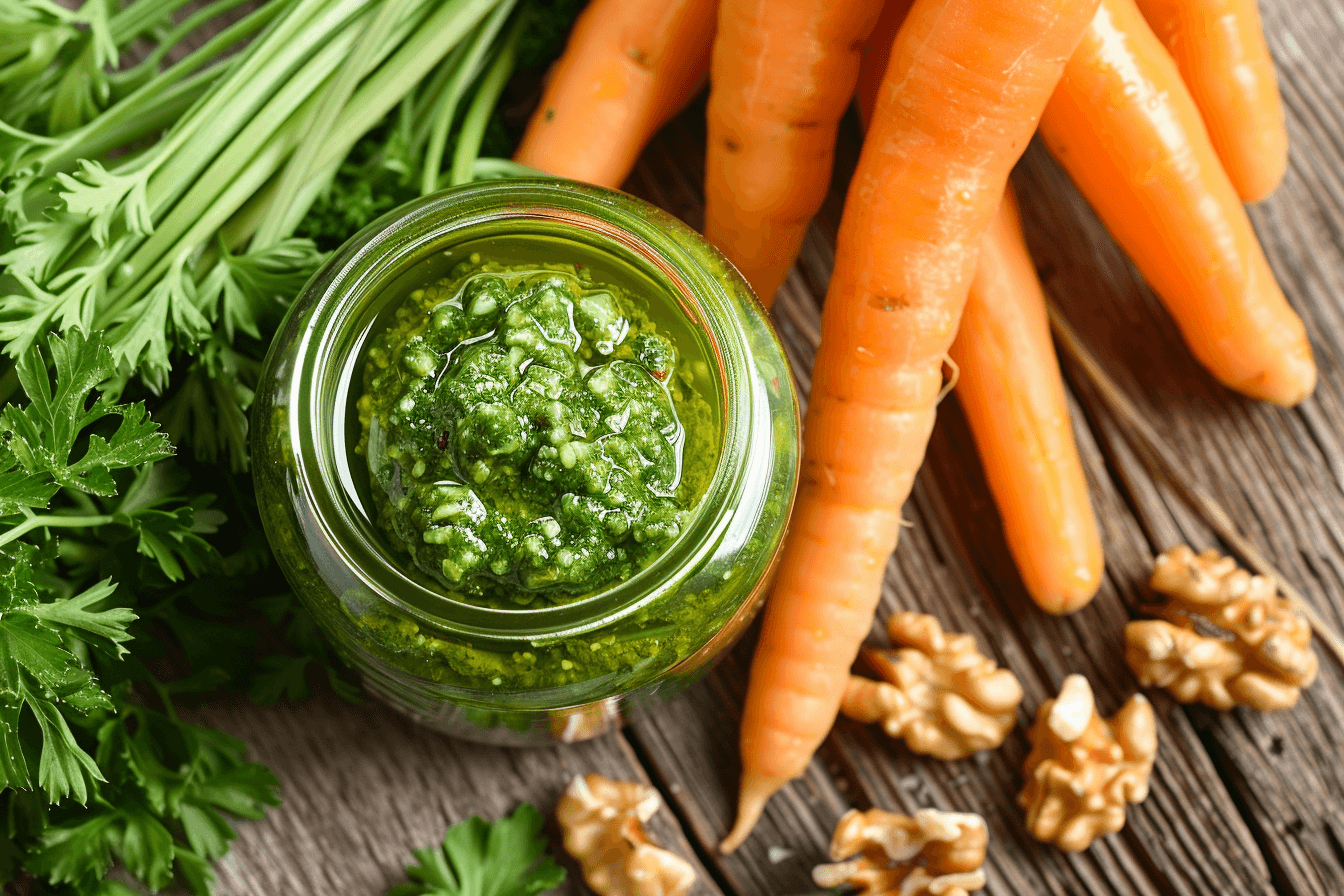 Möhrengrün-Pesto – fertig angerichtet