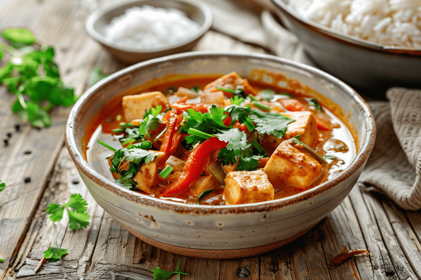 Veganes Thai-Curry mit knusprigem Tofu – fertig angerichtet