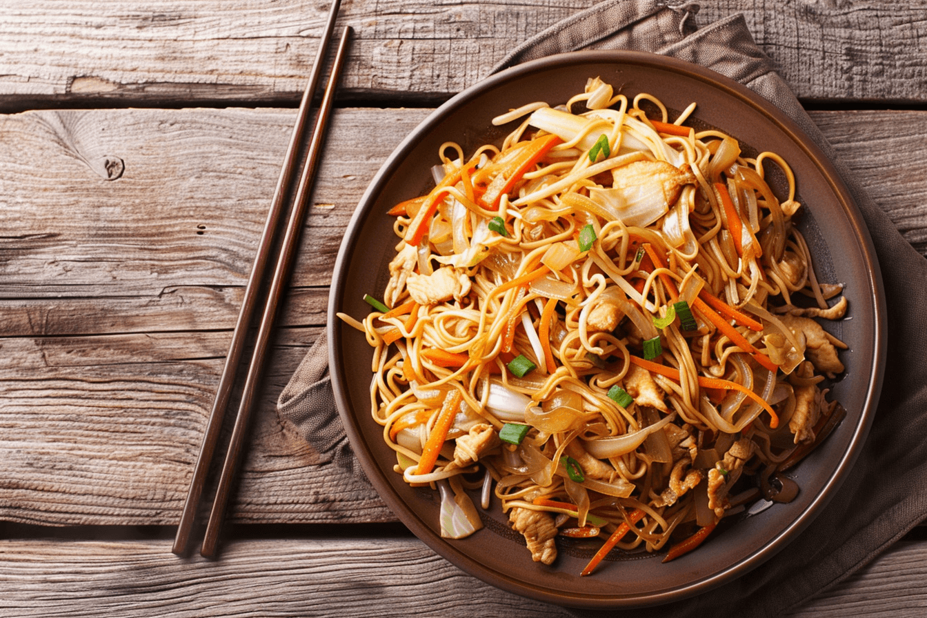 Chow Mein mit Hähnchen – fertig angerichtet