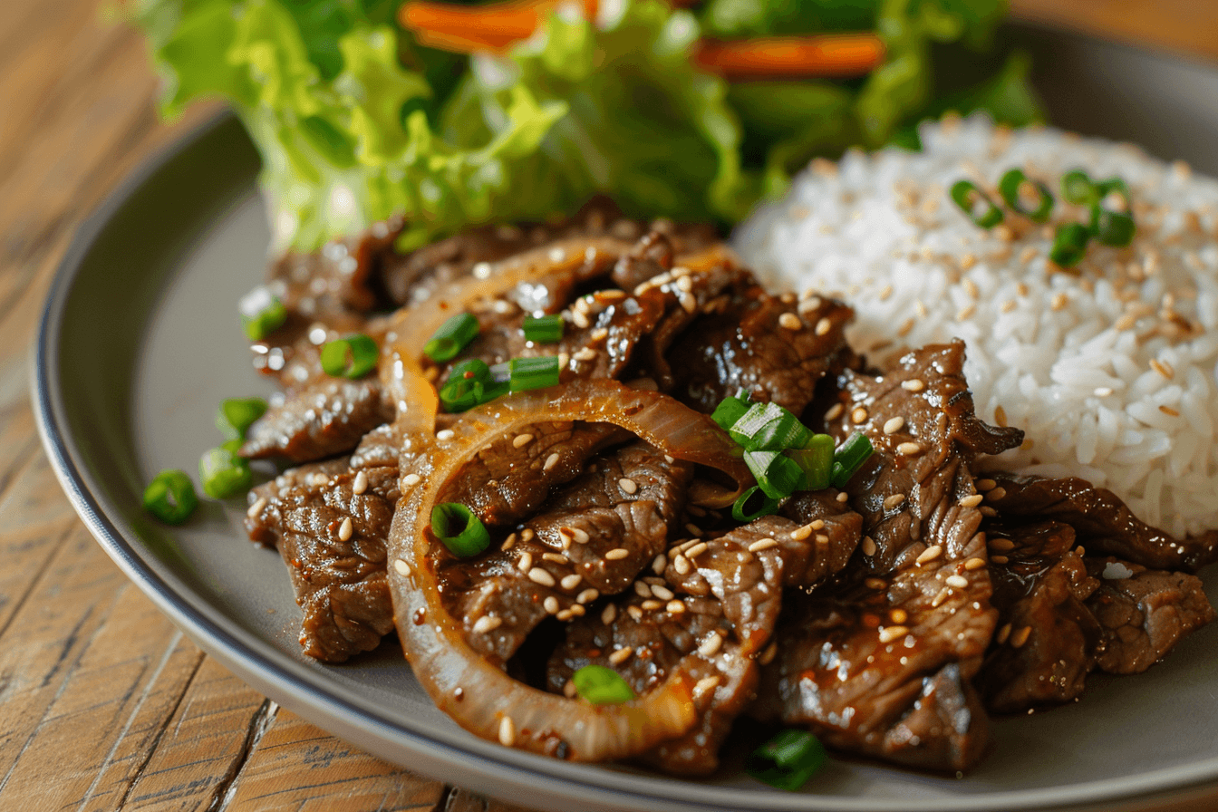 Bulgogi – mariniertes Rindfleisch – fertig angerichtet