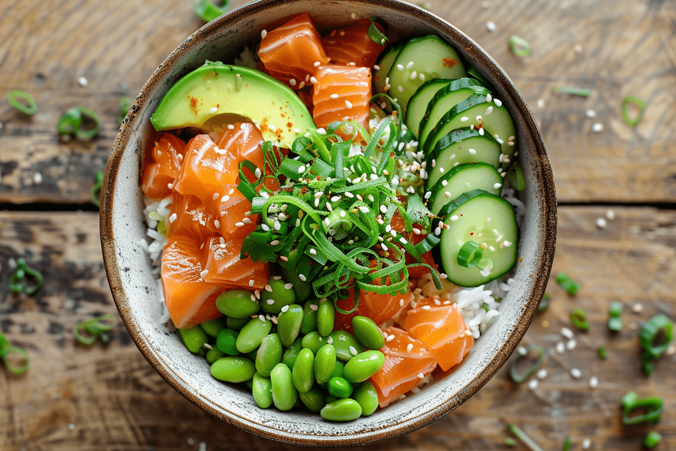 Sushi-Bowl mit Lachs – fertig angerichtet