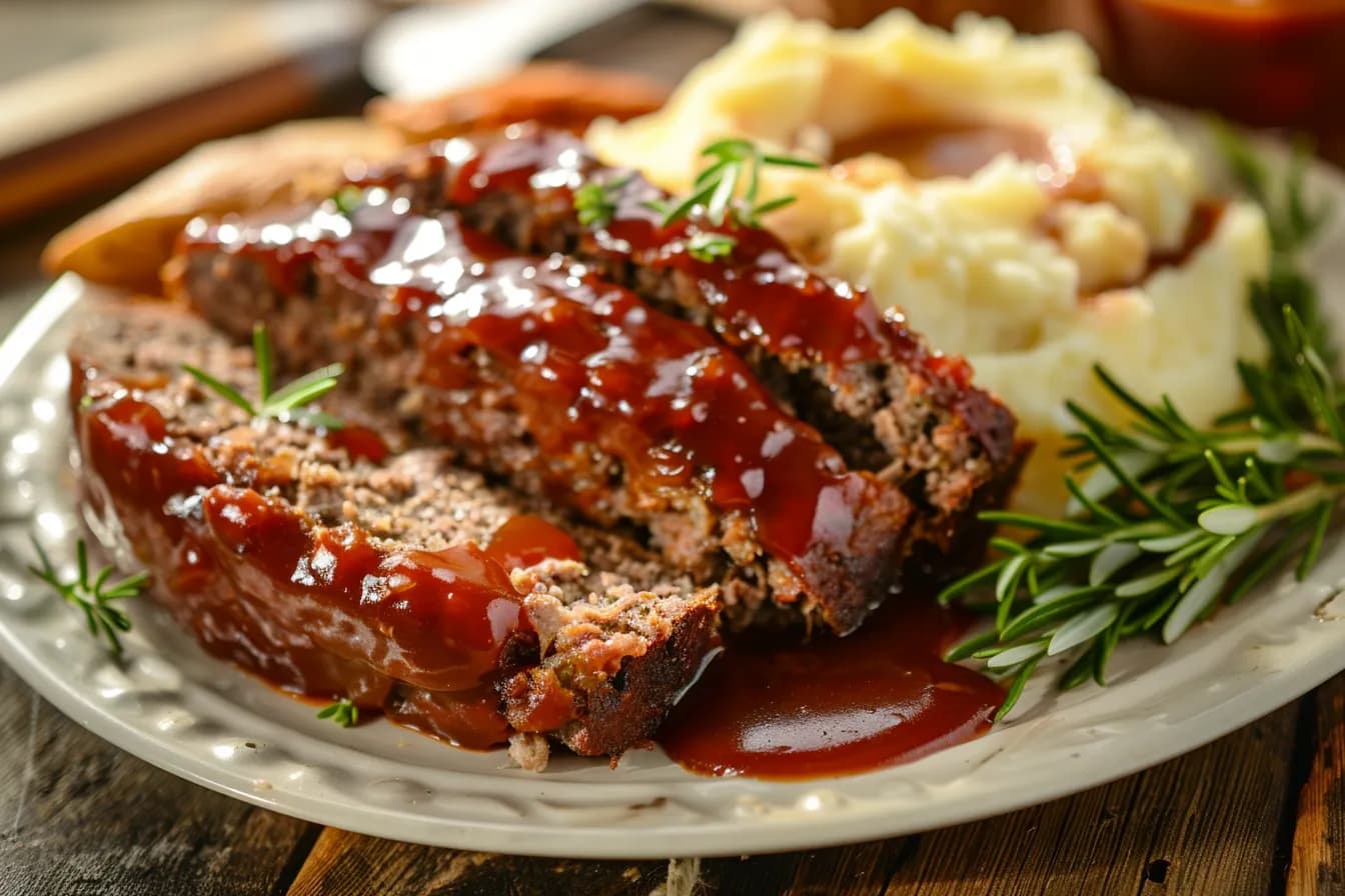 Hackbraten mit Kartoffelpüree – fertig angerichtet