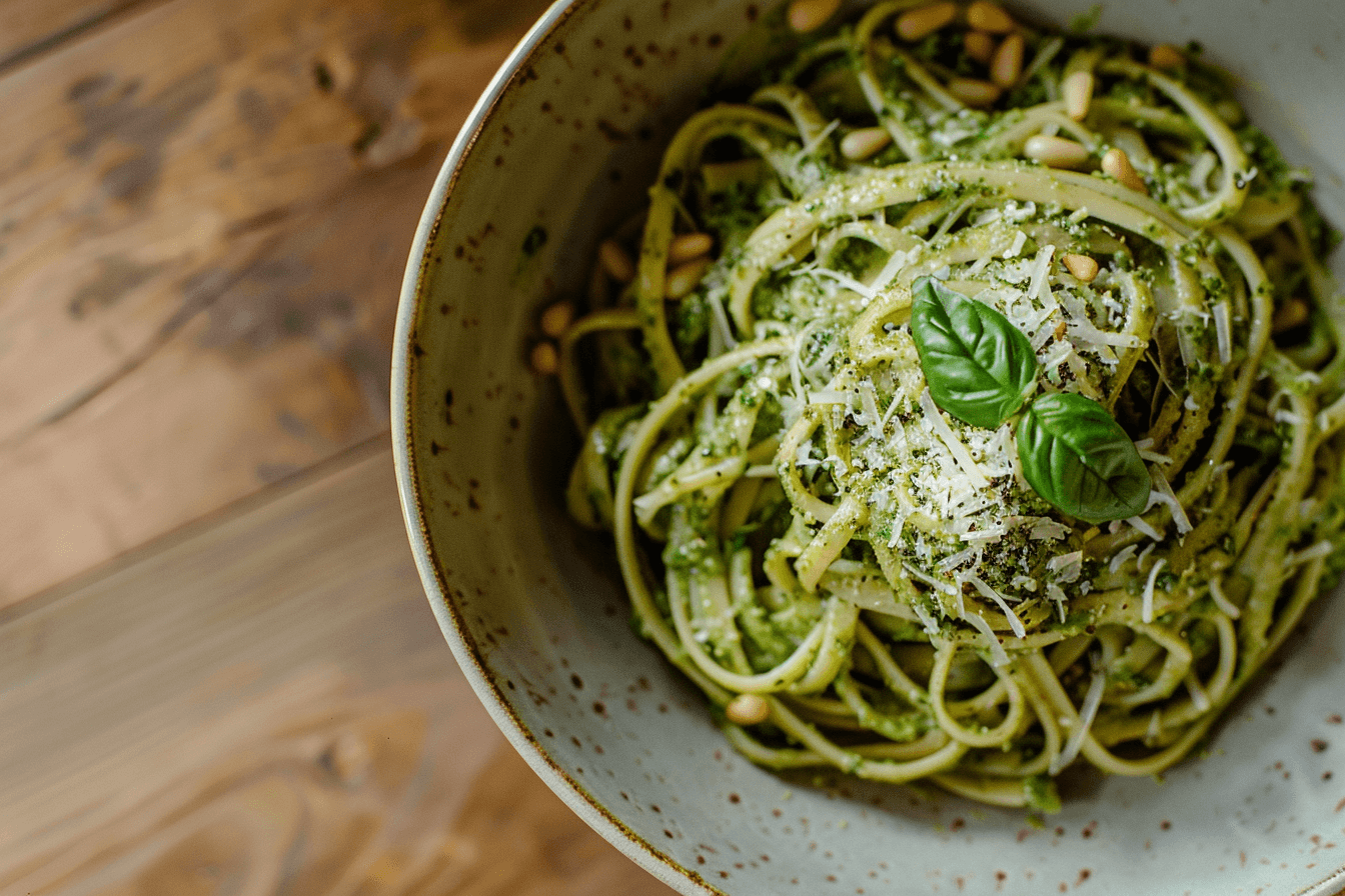 Pasta mit Pesto Genovese – fertig angerichtet