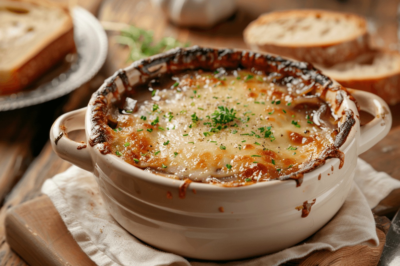 Französische Zwiebelsuppe – fertig angerichtet