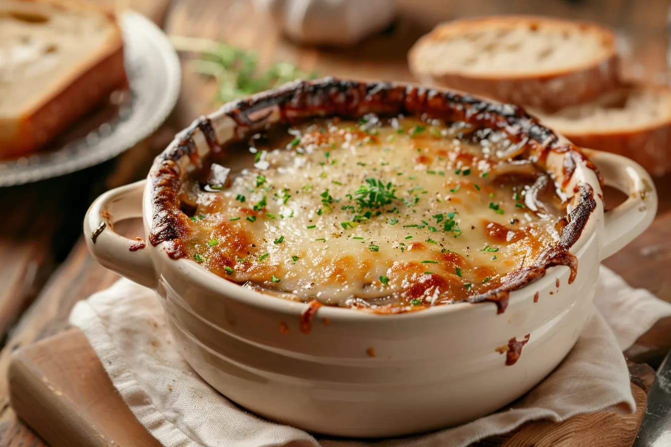 Französische Zwiebelsuppe – fertig angerichtet